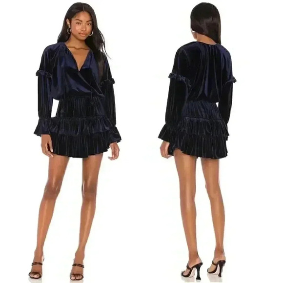 NEW Misa Los Angeles Amalya Dress in Navy Velvet Ruffle Long Sleeve Mini Holiday - Picture 1 of 8